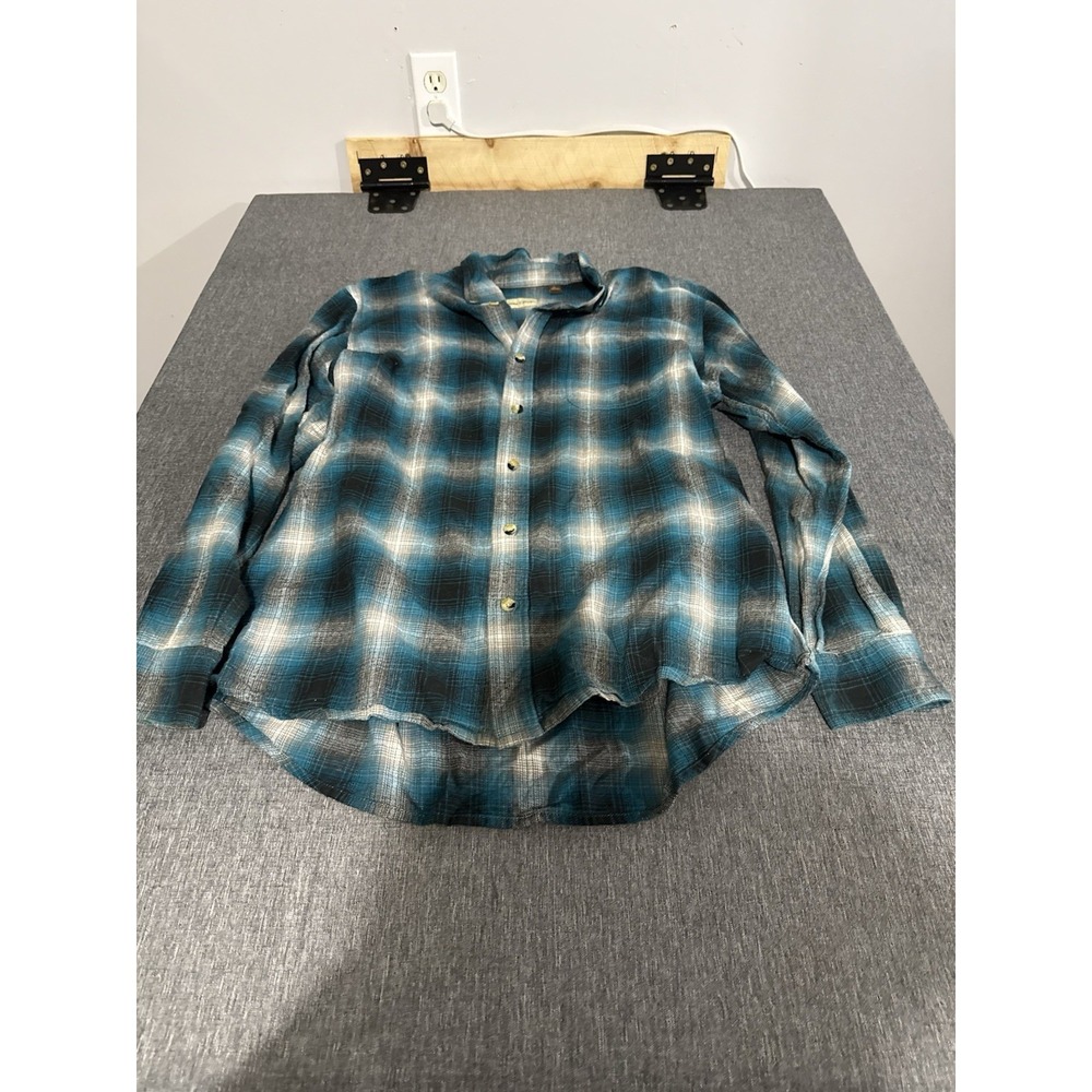 Hobbs Creek Men's Teal And Grey Plaid Flannel Sz L 100% Cotton